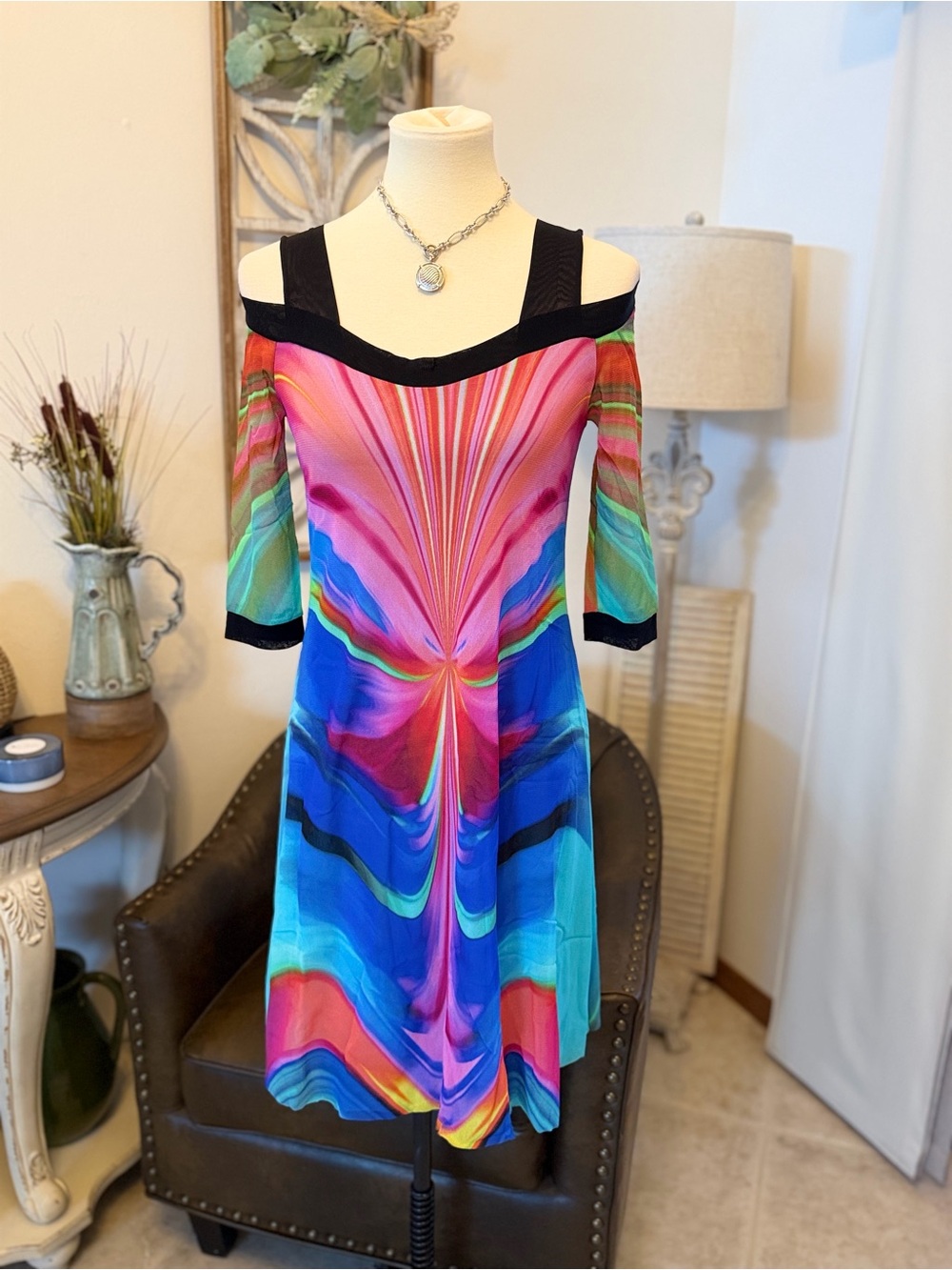 Elana Kattan festival cold shoulder watercolor dress small nwt